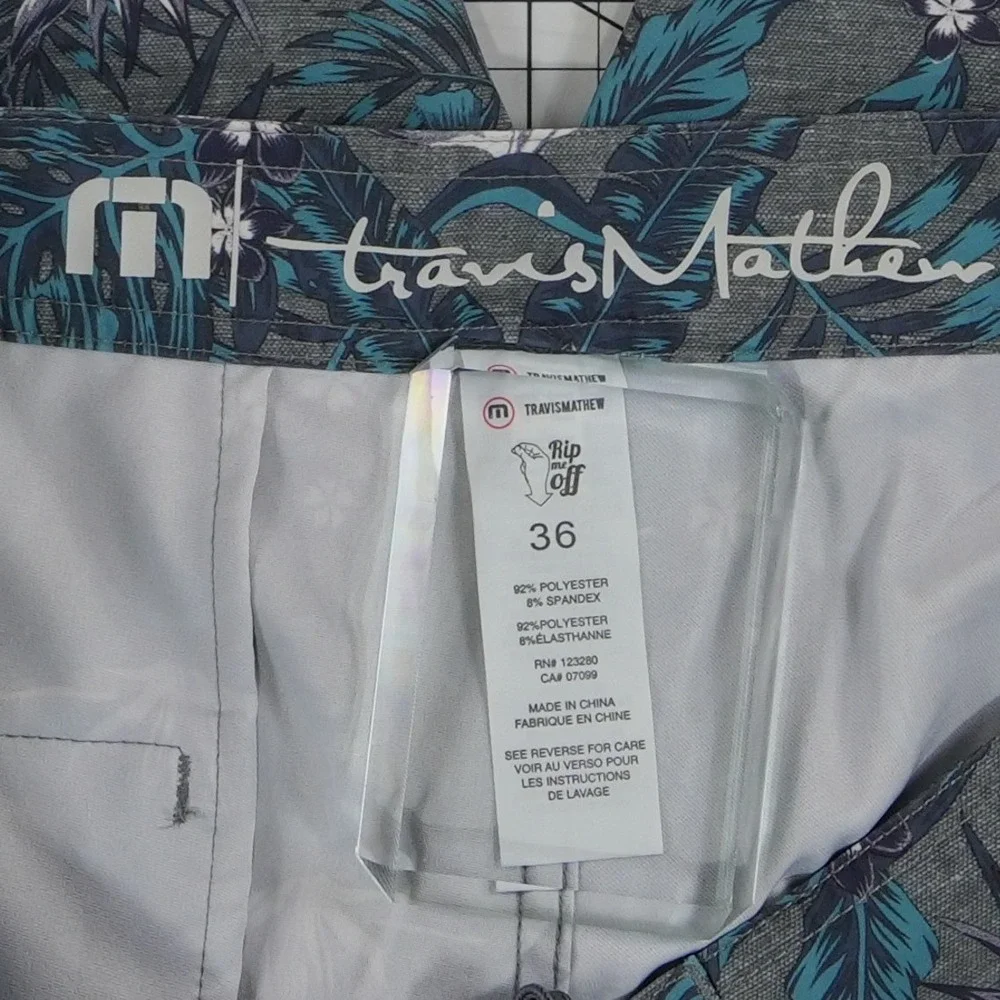 TravisMathew Board Shorts Men's Size 36 Grey Teal Tropical Bird Paradise Summer